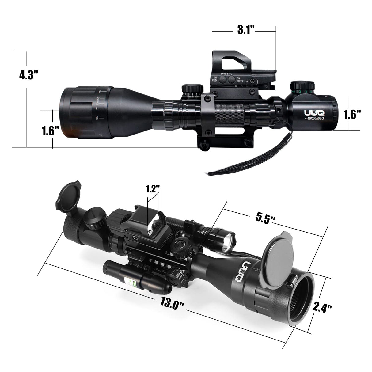 UUQ 4-16X50 AO Rifle Scope Red/Green Illuminated Range Finder Reticle W/Green Laser - Holographic Reflex Red Dot Sight - 5 Brightness Modes UUQ