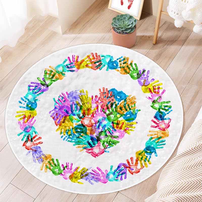 Round Colorful Handprints Kids Area Rug, Washable Nursery Rug for Kids Bedroom, Non-Slip Play Mat Ultra Soft Non-Slip Carpet Indoor Mat for Classroom Fubullish