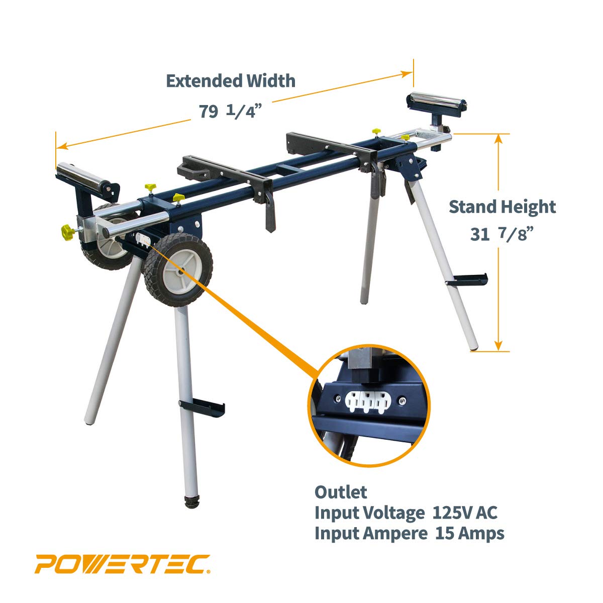 POWERTEC MT4000V Folding Miter Saw Stand with 8-Inch Wheels and 110V Power Outlets, Universal Quick-Release Brackets