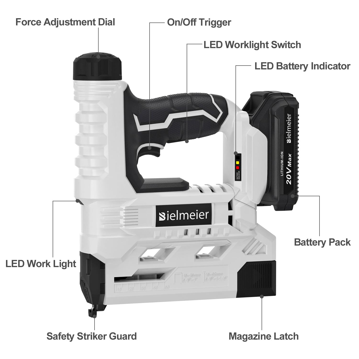 Bielmeier 20V Cordless Brad Nailer, 2-in-1 18 Gauge Nail Gun Battery Powered, Electric Staple Gun for Upholstery, Carpentry, and DIY, Include 2.0Ah BIELMEIER