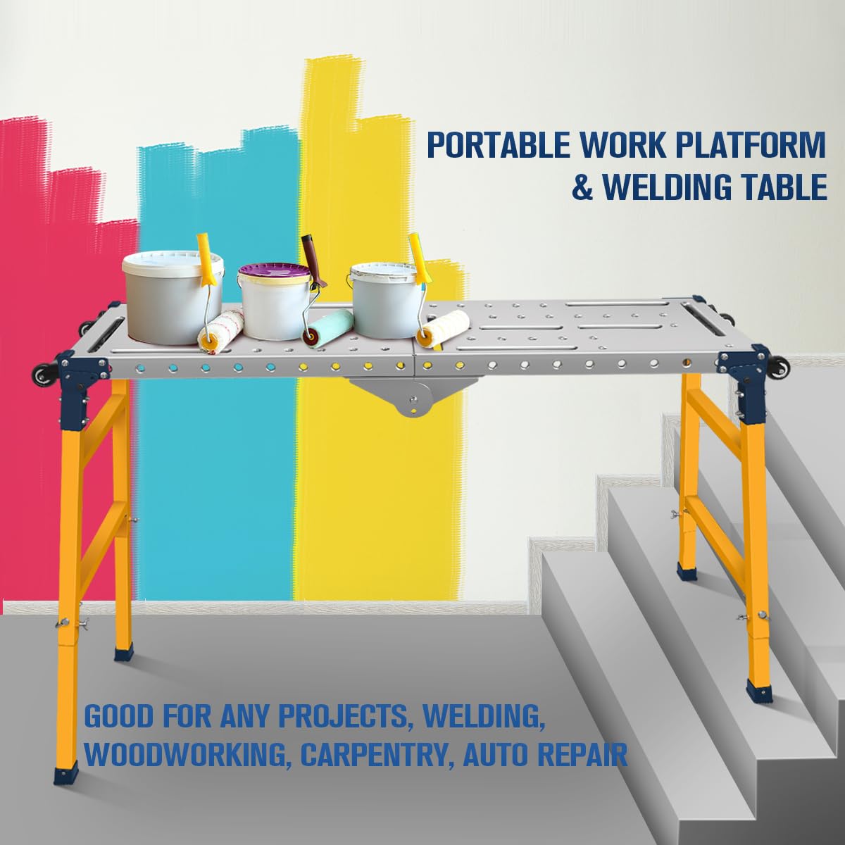 FUNTECK Versatile Portable Steel Work Platform and Welding Table with Casters | 55 x 14-inch Galvanized Tabletop | 1100 lbs. Load Capacity | - WoodArtSupply