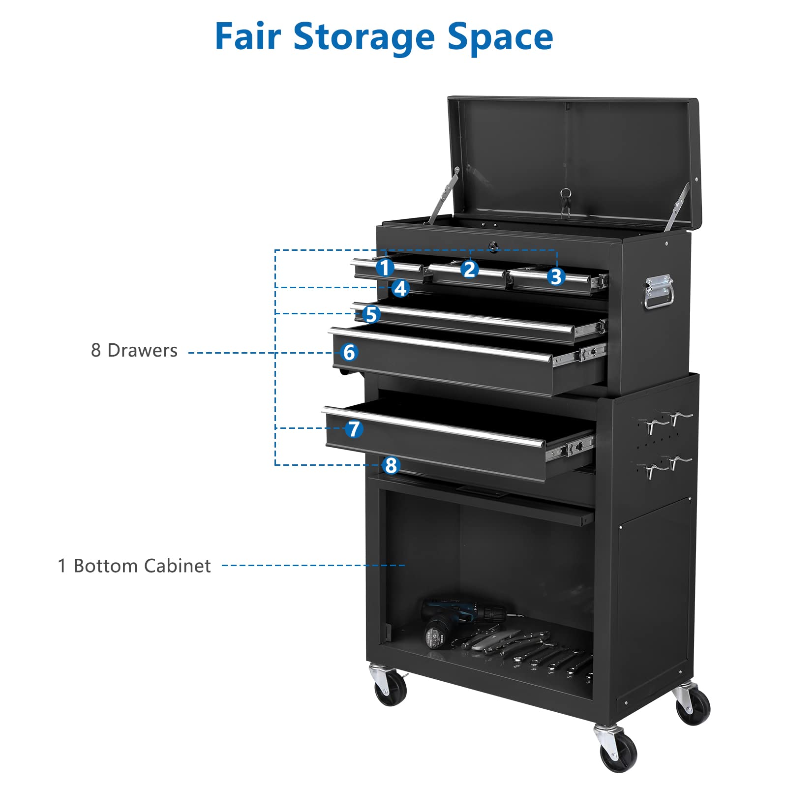 TUFFIOM 8-Drawer Rolling Tool Chest w/Lock & Key, Tool Storage Cabinet w/Wheels, Detachable Top, Drawers & Drawer Liners, Tool Organizer Box for - WoodArtSupply