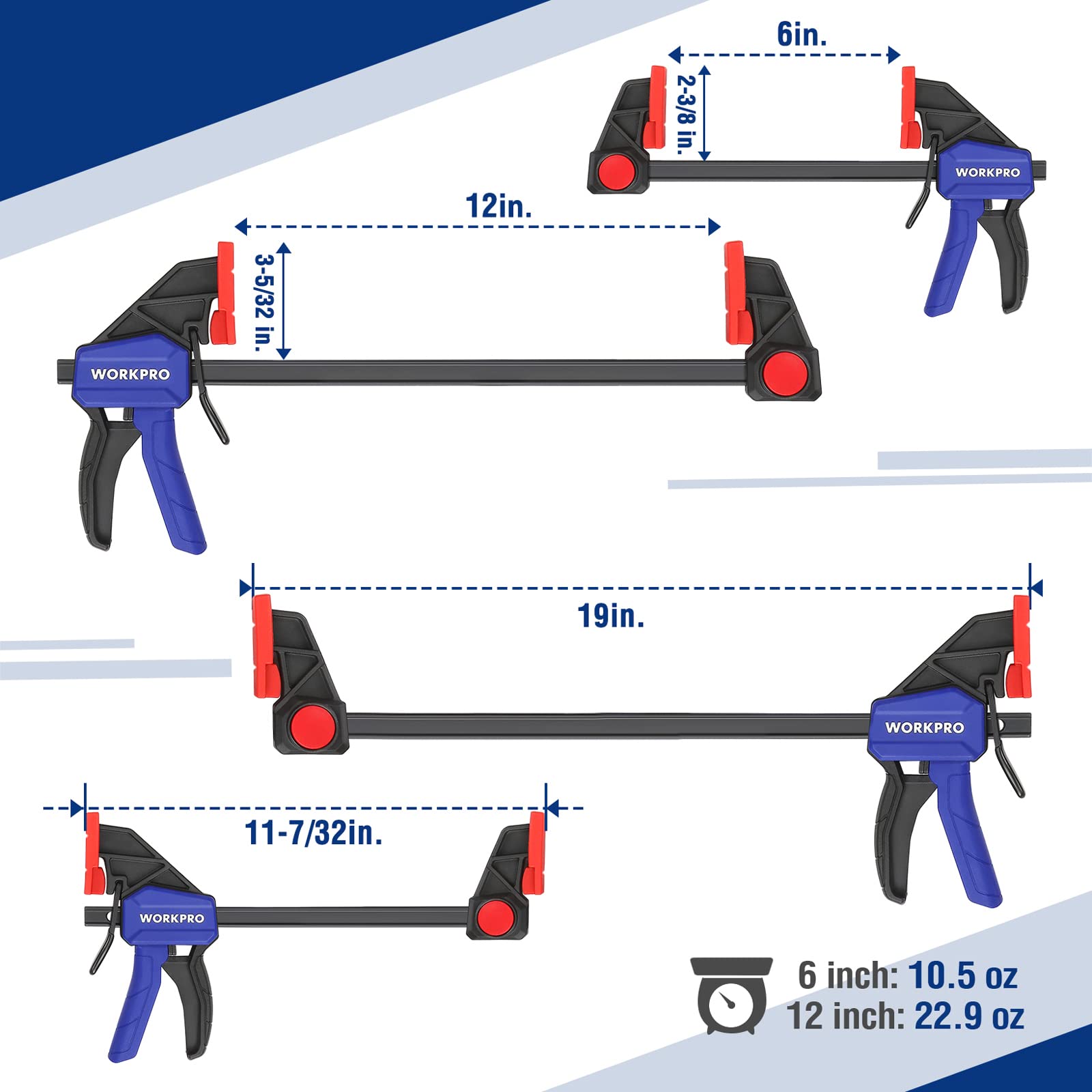 WORKPRO 12” & 6” Bar Clamps for Woodworking, 300lbs & 150lbs Load, One-Handed Spreader/Clamp, Quick-Clamp F Wood Clamps Set for Hand Wood Working - WoodArtSupply