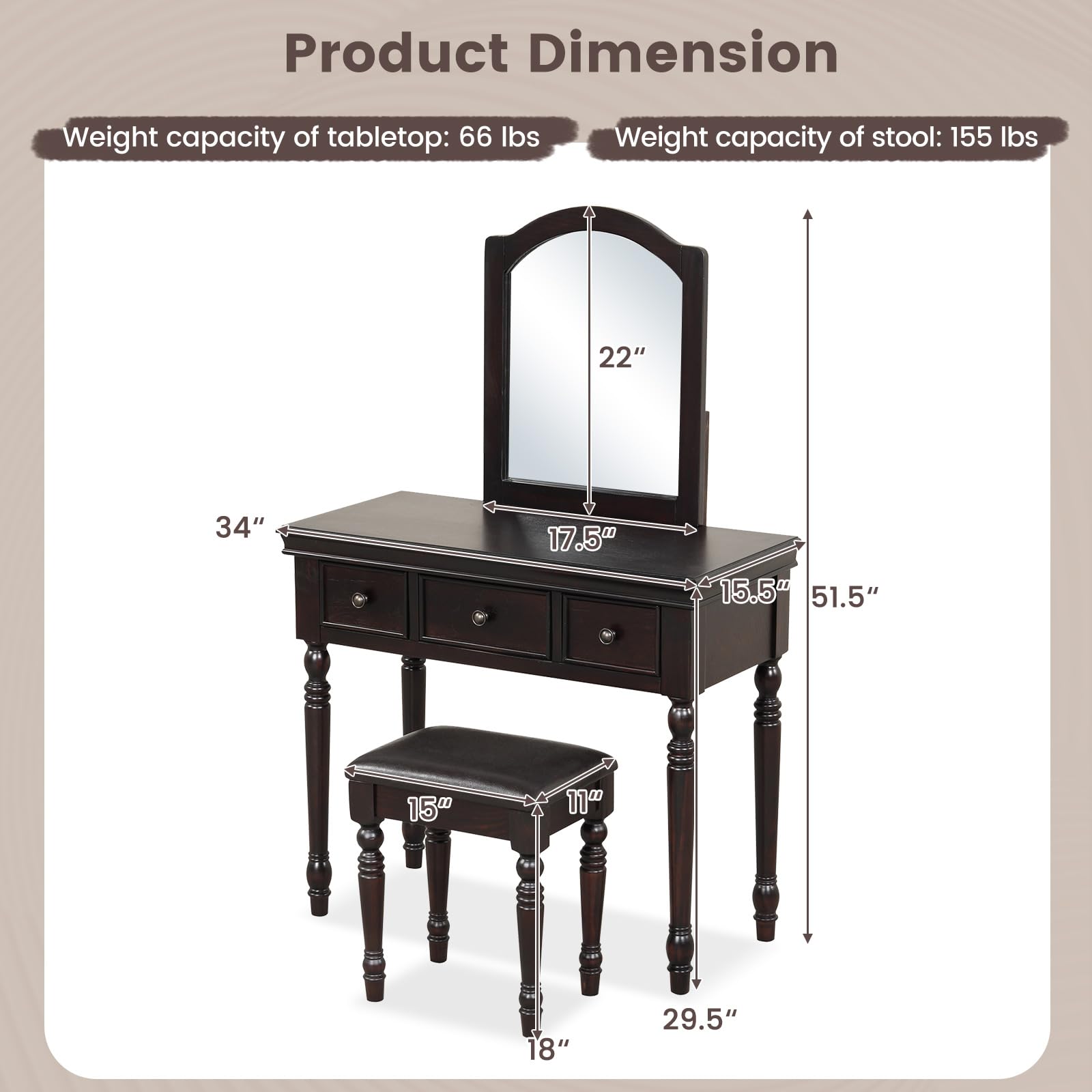 CHARMAID Makeup Vanity Desk with Mirror and Stool, 34'' Wide Vanity Table Set with Large Mirror, 3 Drawers, Cushioned Stool, Solid Wood Legs, Bedroom - WoodArtSupply