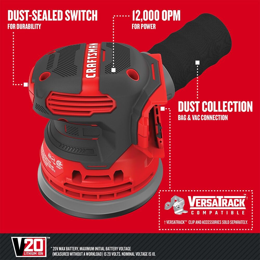 CRAFTSMAN V20 Orbital Sander, Cordless, 12,000 OPM, Bare Tool Only (CMCW220B) Craftsman