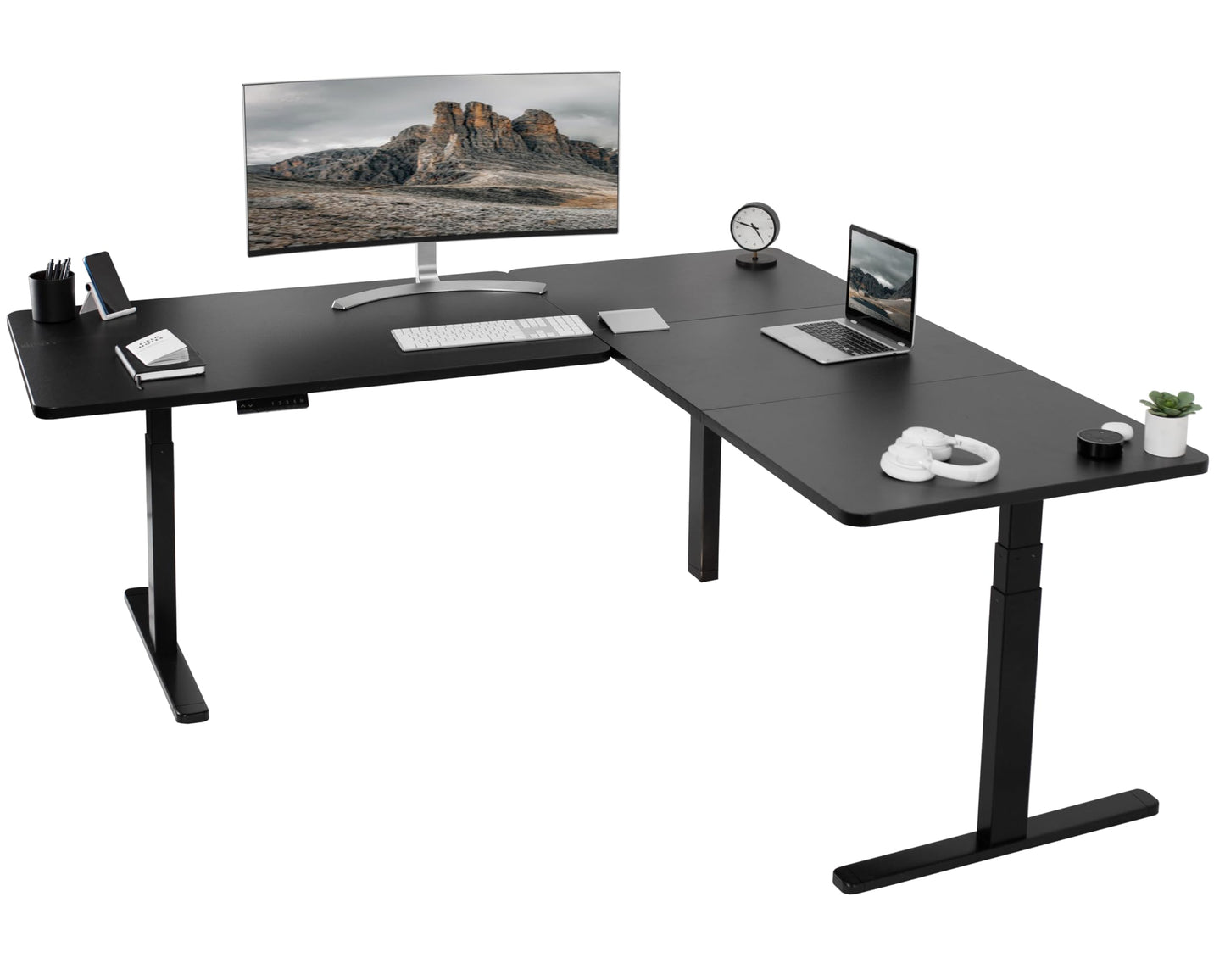 VIVO Electric Height Adjustable 77 x 71 inch Corner Stand Up Desk, 2 Black 30 inch Deep Table Tops, Black Frame, Memory Controller, L-Shaped