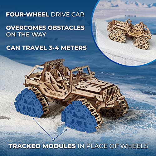 UGEARS Tracked Off-Road Vehicle - 4WD Model Vehicle Kits to Build - DIY 3D Car Model Puzzle with Spring Motor, 2 Driving Modes, Openable Hood with
