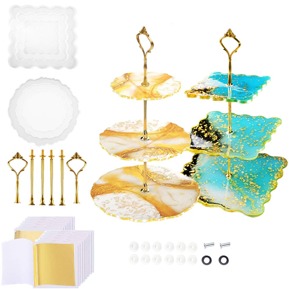 2 Pack 3 Tier Cake Stand Resin Tray Molds, Epoxy Resin Casting Mold with 6Pcs Crown Brackets and 20 Gold Foils, DIY Silicone Mold for Making Cupcake - WoodArtSupply