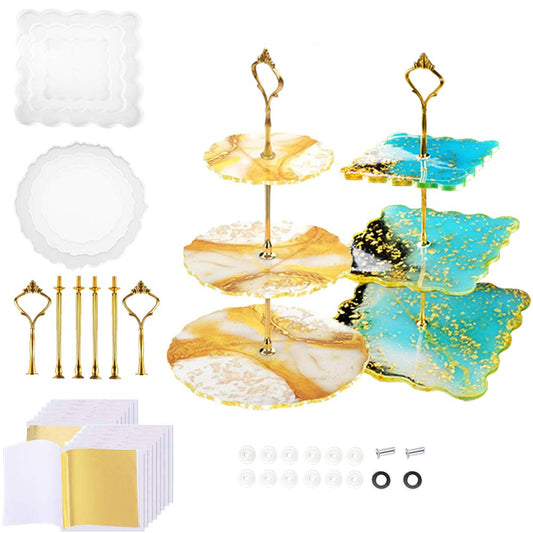 2 Pack 3 Tier Cake Stand Resin Tray Molds, Epoxy Resin Casting Mold with 6Pcs Crown Brackets and 20 Gold Foils, DIY Silicone Mold for Making Cupcake - WoodArtSupply