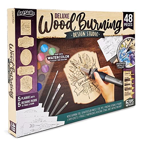 ArtSkills Wood Burning Kit for Beginners - Deluxe Pyrography Wood Engraving Art Kit with Burner Pen, Stencils, Watercolor Paints - 48 Piece DIY - WoodArtSupply