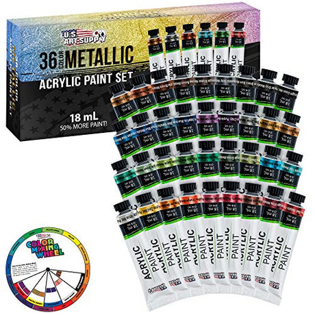 U.S. Art Supply Professional 36 Color Set of Metallic Acrylic Paint, Large 18ml Tubes - Rich Vivid Pearl Colors for Artists, Students, Beginners - U.S. Art Supply