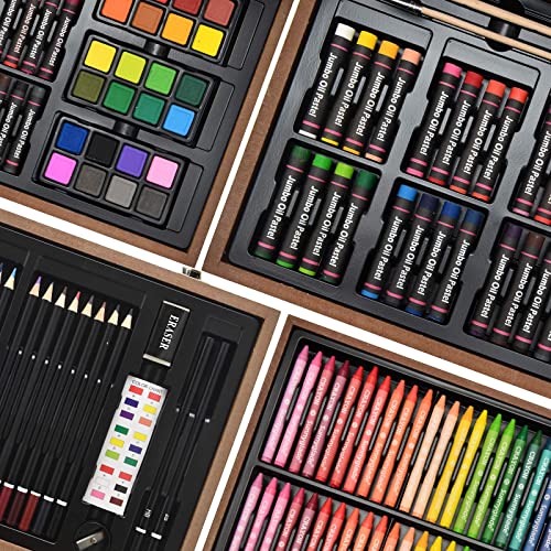 Sunnyglade 145 Piece Deluxe Art Set, Wooden Art Box & Drawing Kit with Crayons, Oil Pastels, Colored Pencils, Watercolor Cakes, Sketch Pencils, Paint Sunnyglade