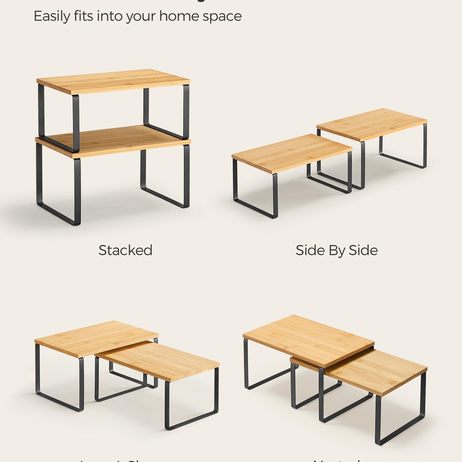 SONGMICS Cabinet Organizer Shelf, Set of 2 Kitchen Counter Shelves, Kitchen Storage, Spice Rack, Stackable, Expandable, Metal and Engineered Wood, SONGMICS