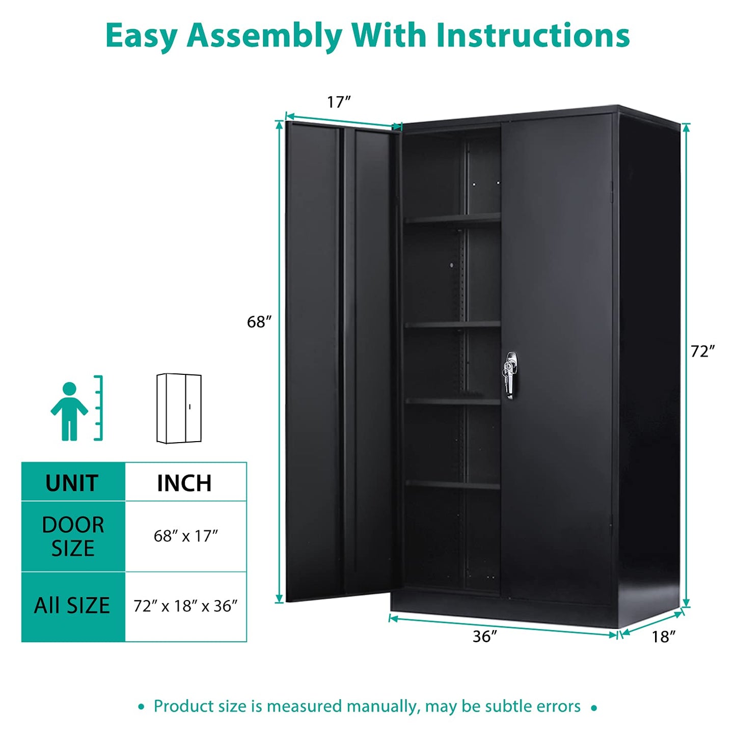 INTERGREAT Black Metal Storage Cabinet Doors, 72" Locking Steel Storage Cabinet with Shelves, Tall Metal Cabinet Lockable Steel Cabinets for Home