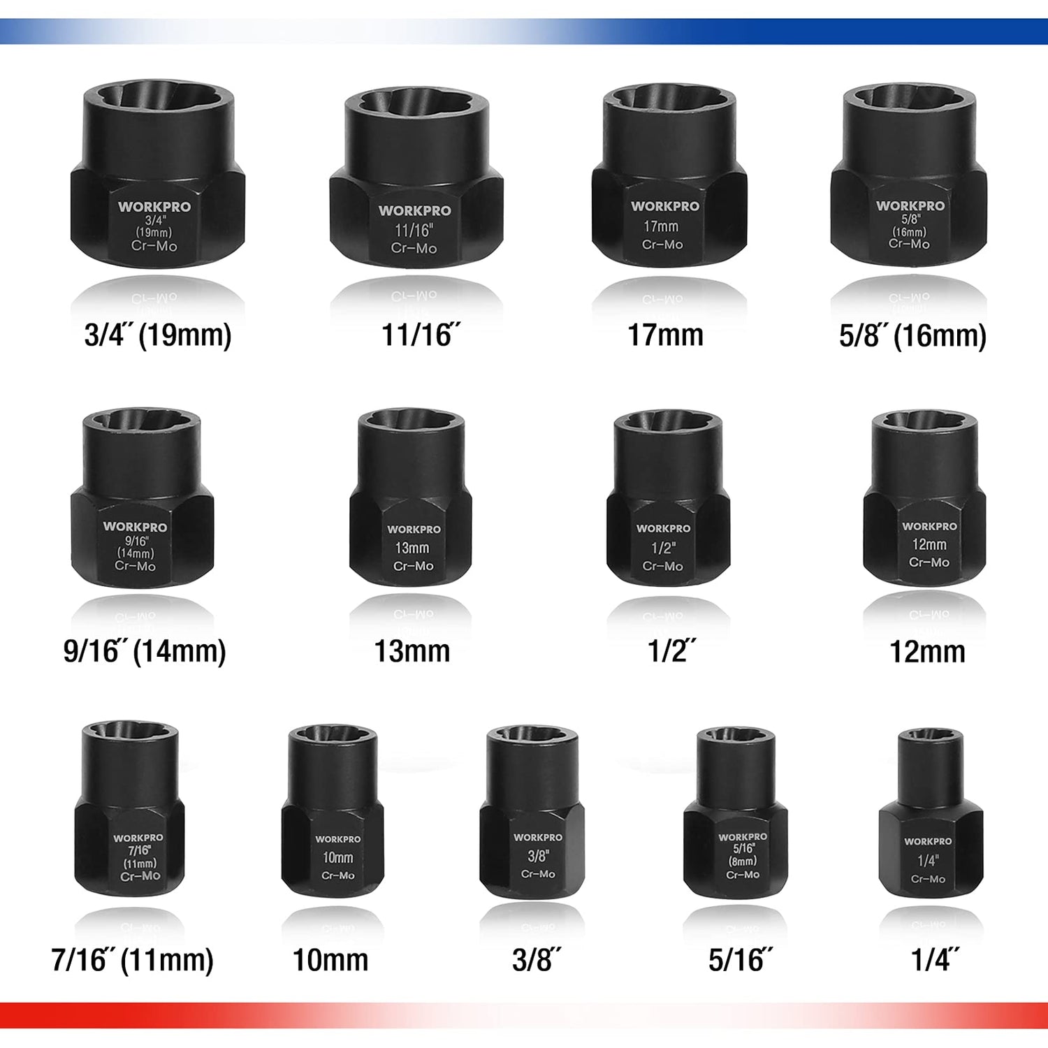 WORKPRO 15 Pieces Impact Bolt & Nut Remover Set, 3/8” Drive Bolt Extractor for Removing Stripped, Damaged, Rounded off and Rusted Bolts & Nuts WORKPRO