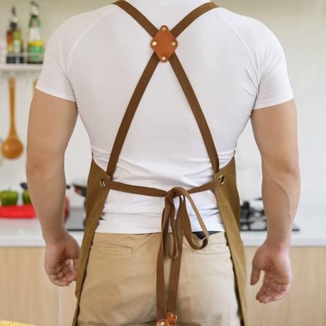 Aoomzoon Canvas Aprons for Men Chef Apron, Work Apron with Large Pockets - Durable 16oz Heavy Duty Cross Back, BBQ, Cooking (Brown, 1 Pack) Aoomzoon