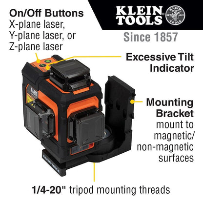 Klein Tools 93PLL Self-Leveling Laser Level, Green 3x360-Deg Planes, Rechargeable Battery, Magnetic Mount, Class II Laser (≤1mW @ 510-530nm), Orange - WoodArtSupply