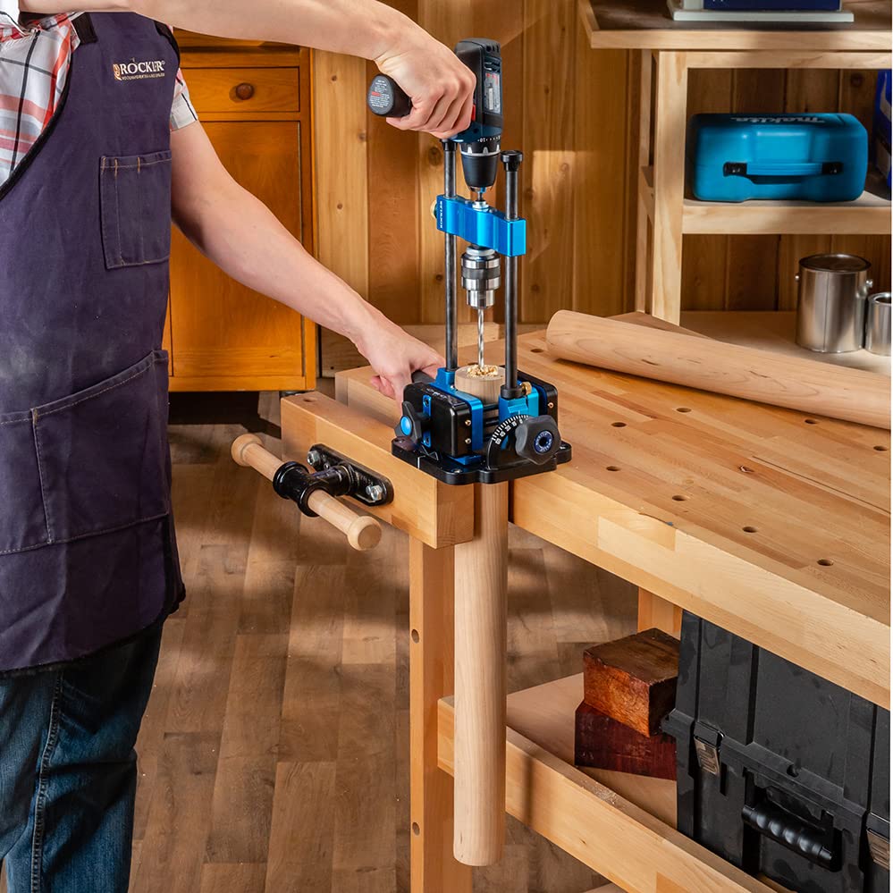 Rockler Drill Guide w/Chuck Key - Full-Size Drill Press Accessories for Small Shops - 0° to 60° Angle Drill Guide w/Easy-to-Read Protractor Scale - ROCKLER