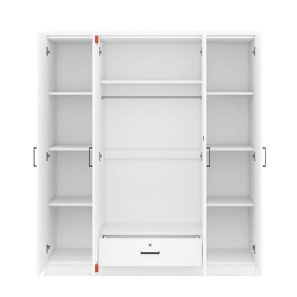 Wood Wardrobe Closet with 1 Storage Drawers and 9 Storage Shelves, Modern 4 Doors Large Armoire Wardrobe Cabinet for Bedroom, Free-Standing Garment