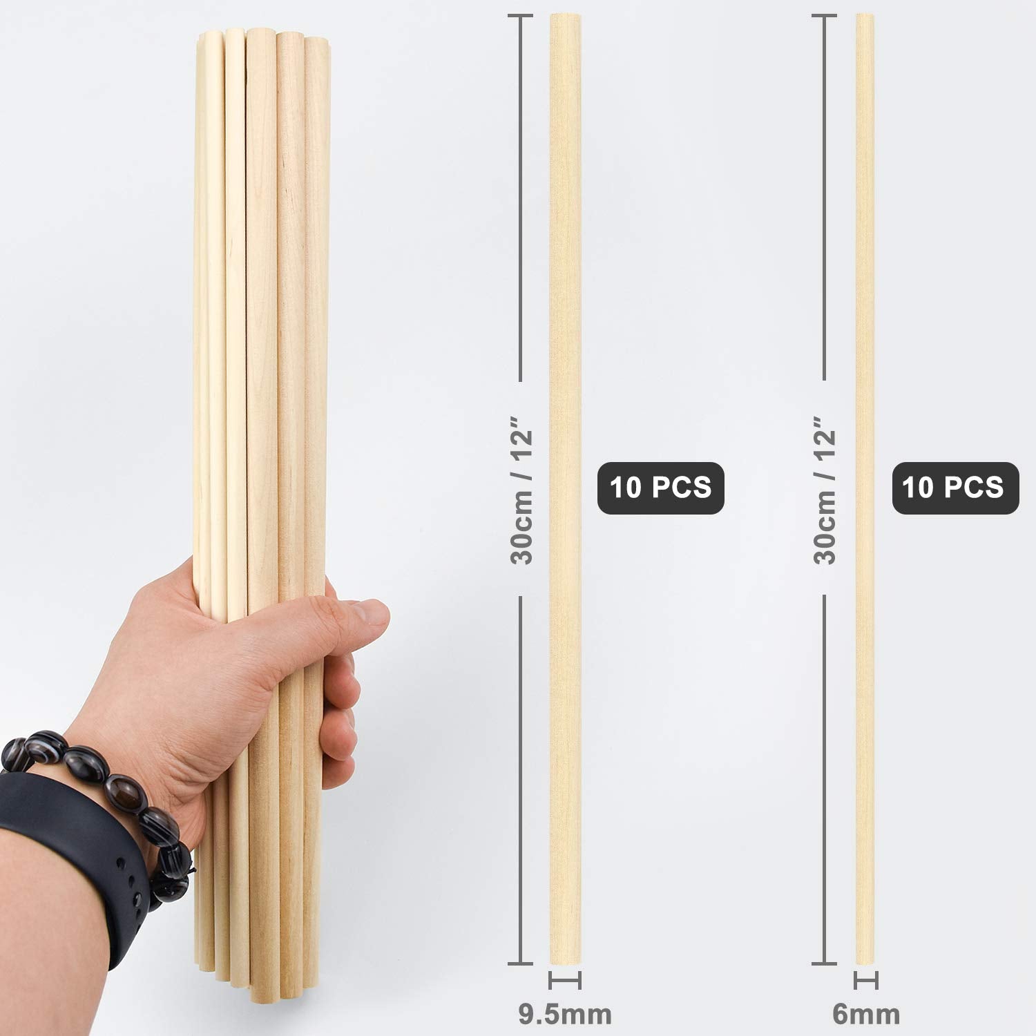 20 Pcs Wooden Dowel Rods for Craft, Unfinished Natural Wood Craft Dowel Sticks 1/4 Inch / 2/5 Inch x 12 Inch Thyores