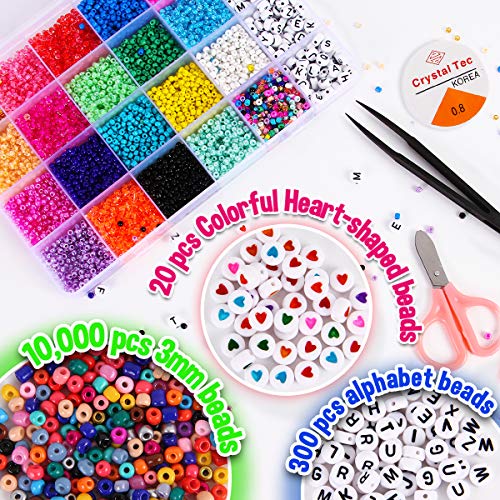 FUNZBO 10000pcs, 20 Colors 3mm Glass Seed Beads - Friendship Bracelet Kit, Beads for Bracelet Making Kit & Jewelry Making Kit, Gifts, Crafts for FUNZBO