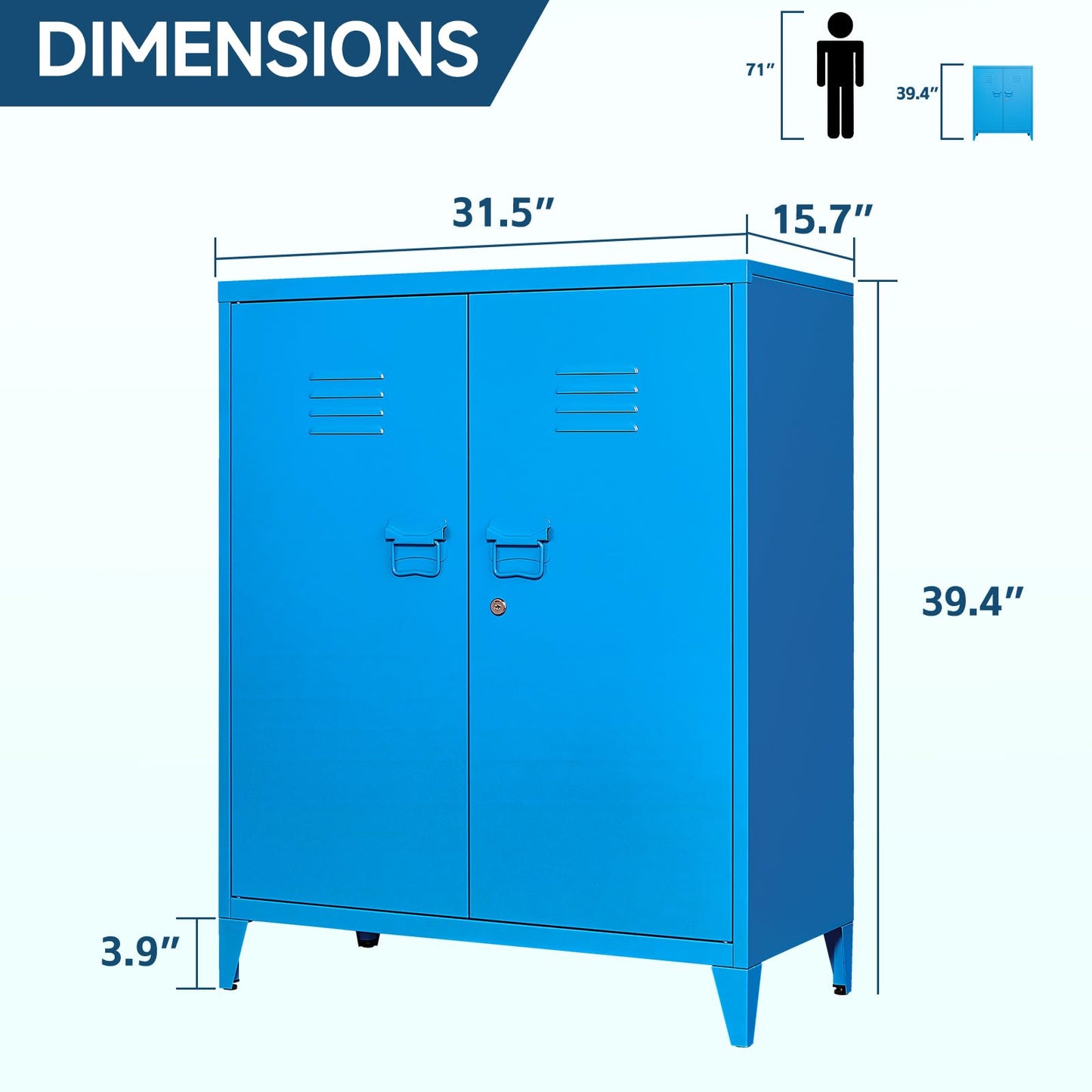 MIIIKO Metal Accent Storage Cabinet with 2 Locking Doors, Blue Locker Storage Cabinets with 2 Adjustable Shelves, Sideboard Buffet Cabinet for - WoodArtSupply