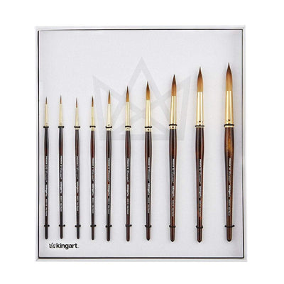 KINGART 1010C Premium 10 Pc. / Sizes Finesse 8020 Series Ultra Round Watercolor Artist Brush Set, Synthetic Kolinsky Sable Blend, Short Handle, Gift