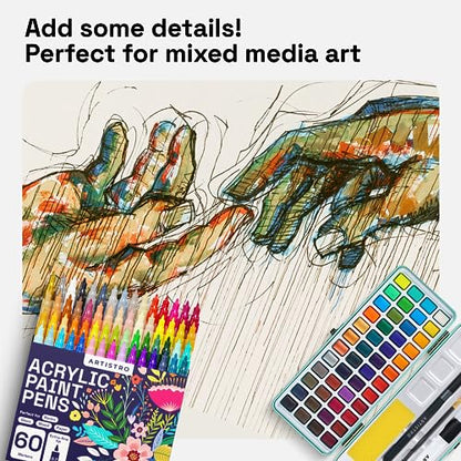 ARTISTRO 60 Acrylic Paint Pens - Extra Fine 0.7mm Paint Markers for Rock Wood Glass Canvas - Acrylic Markers Ideal for DIY Art Projects Scrapbooking