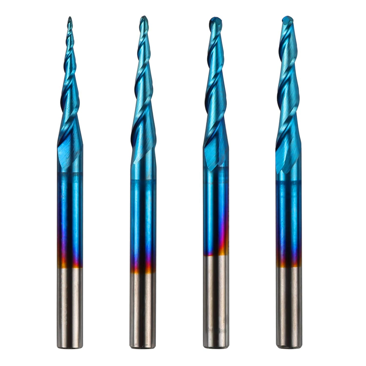 Genmitsu 4pcs 2-Flute Tapered Ball Nose End Mills Tungsten Carbide Cutter with Nano Blue Coat, R0.25-1.0, 1/8” Shank, TB04A Genmitsu