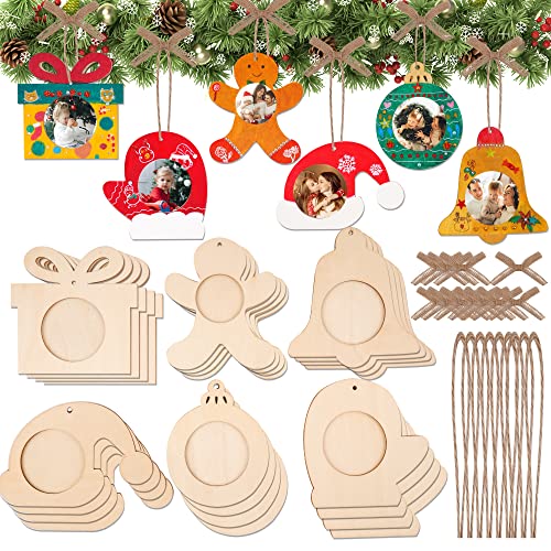 Shitailu 24Pcs Christmas Photo Frame Ornaments, DIY Unfinished Wood Picture Frame Ornaments Craft, Xmas Themed Frame Kits for Kids, Painting Decor Shitailu