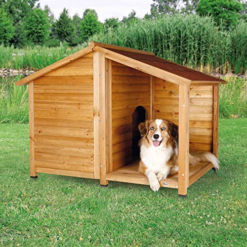 TRIXIE natura Lodge Dog House, Covered Porch, Hinged Roof, Adjustable Legs, Brown, Medium - WoodArtSupply