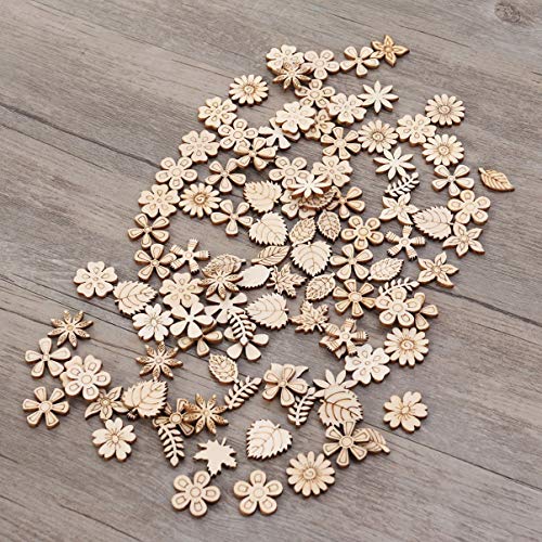 MILISTEN Wooden Flowers 100Pcs Mini Wooden Slice Wood Discs Slices Flower Leaf Grass Slices Unfinished Wooden Cutouts Craft DIY Decoration