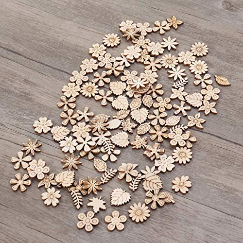 Flower Leaf Pattern Slice 100pcs Unfinished Wood Cutouts Flower Wood Shapes Pieces Wood Discs Slices for DIY Craft Table Scatter Confetti 20mm Wooden Healifty