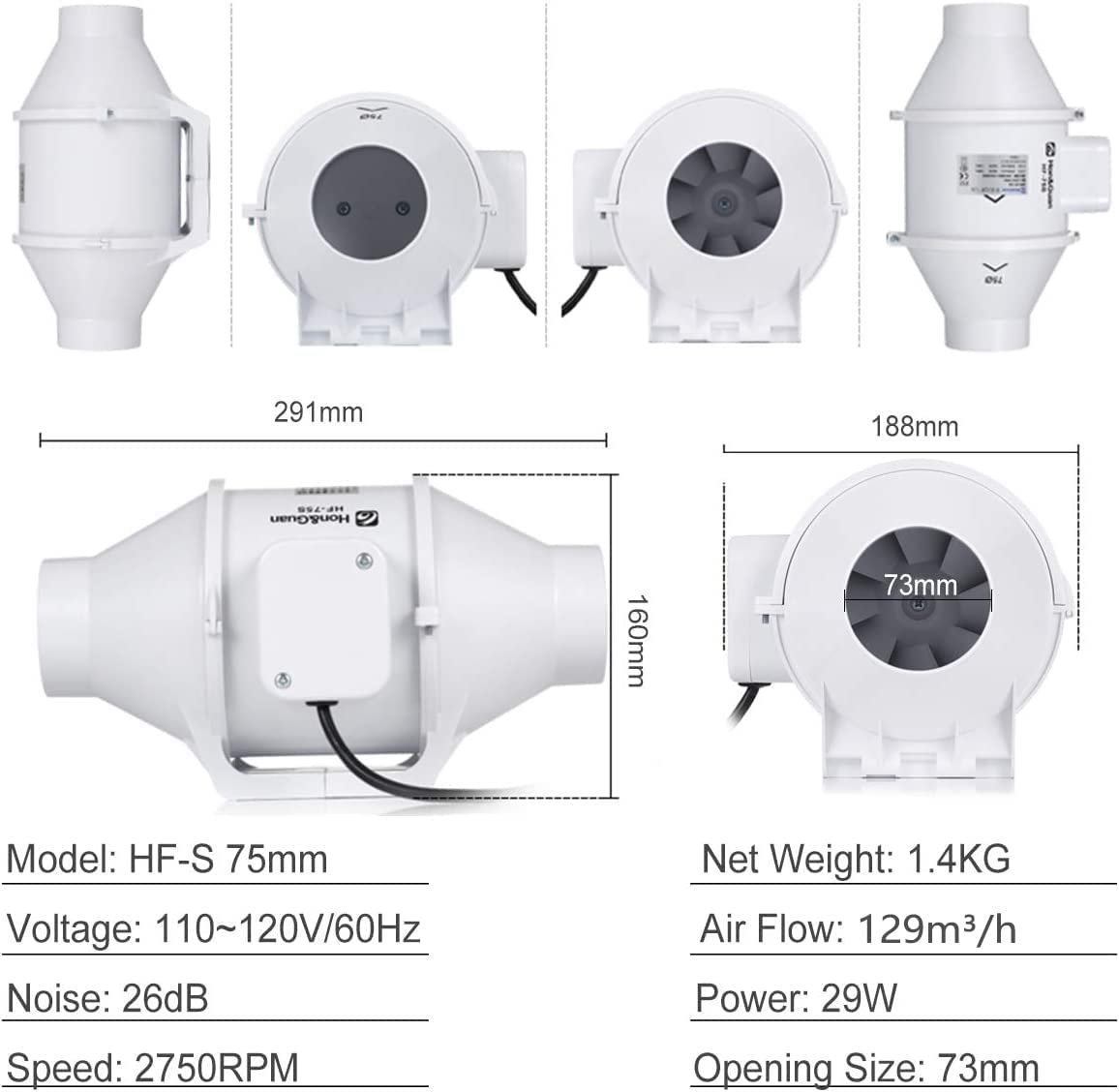 Hon&Guan 3 Inch Duct Fan, High Efficiency Inline Fan Mixed Flow Ventilation System Exhaust Air Fan for Bathroom, Kitchen, Grow Tent, 3D Printer (S - WoodArtSupply