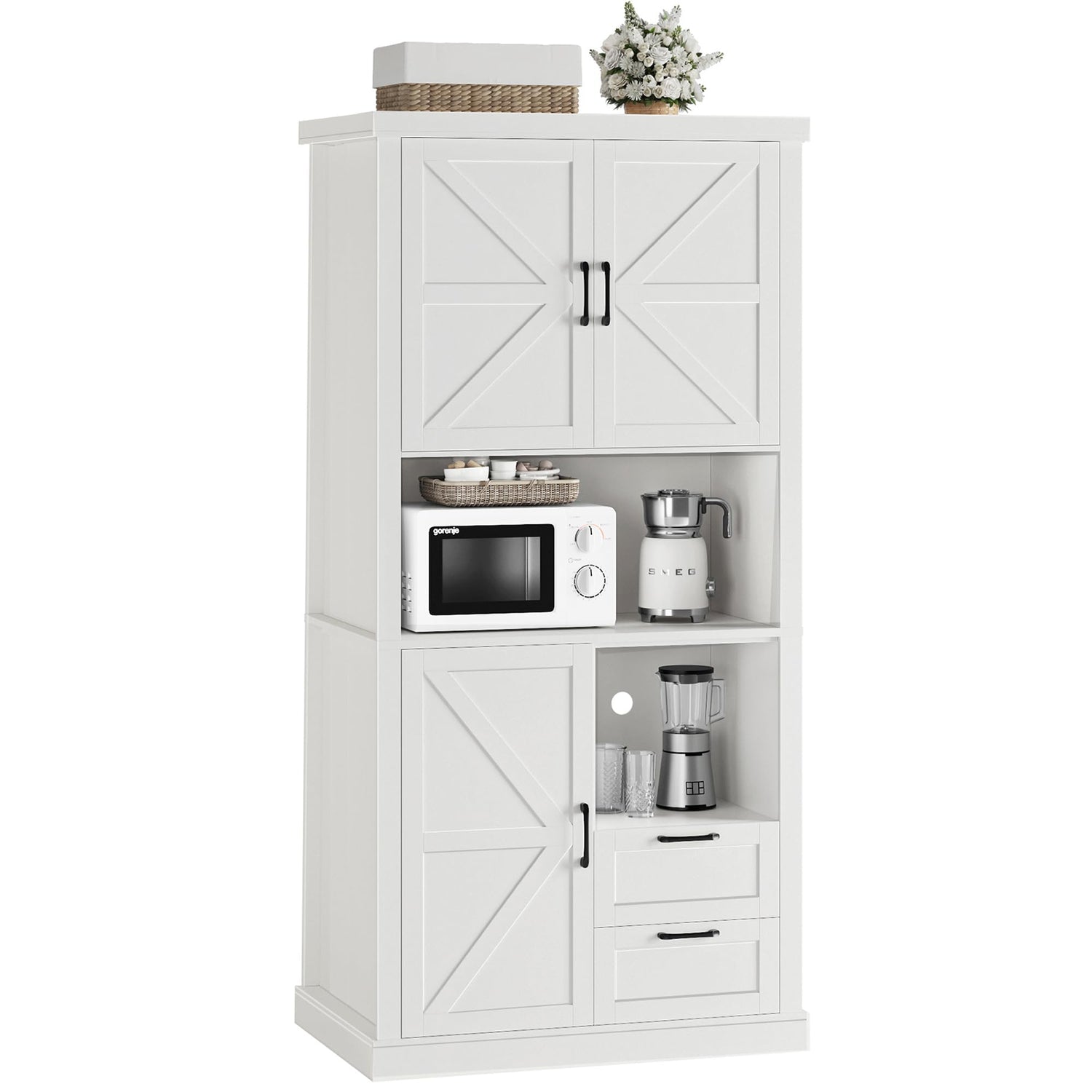 HOSTACK 76" Tall Farmhouse Kitchen Pantry Cabinet, Kitchen Hutch Bar Cabinet with Drawers & Shelves, Large Wood Storage Cabinet with Barn Doors & HOSTACK