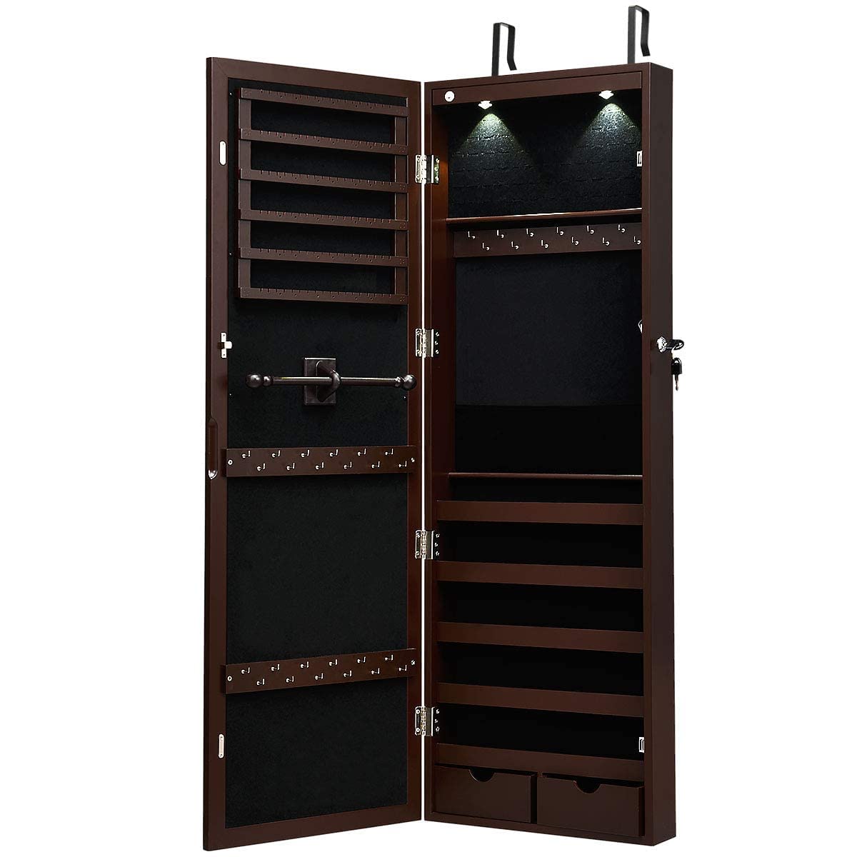 Giantex Jewelry Armoire Wall Door Mounted, Lockable Jewelry Cabinet with 42.5'' Full Length Mirror, 2 LEDs Jewelry Organizer Box with 2 Drawers,