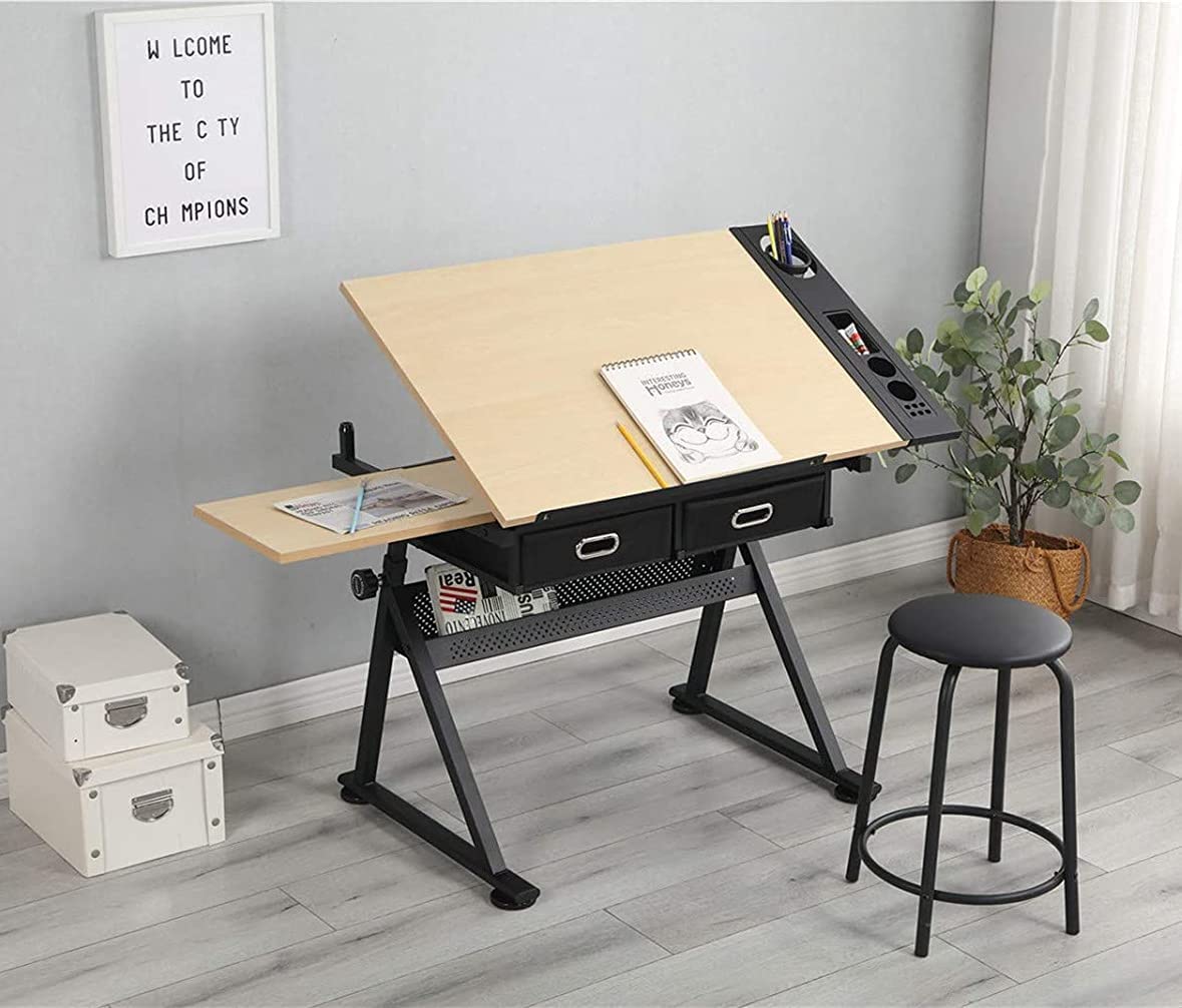 tonchean Drafting Table Height Adjustable Art Desk with Drawers, Wooden Drawing Table Drafting Desk with Storage, Drafting Table Desk Adjustable tonchean
