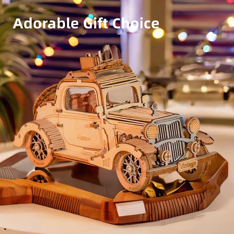 Rowood 3D Puzzles for Adults, Model Car Kits, DIY Wooden Toys Craft Gift on Birthday Christmas for Boys-Vintage Car RoWood