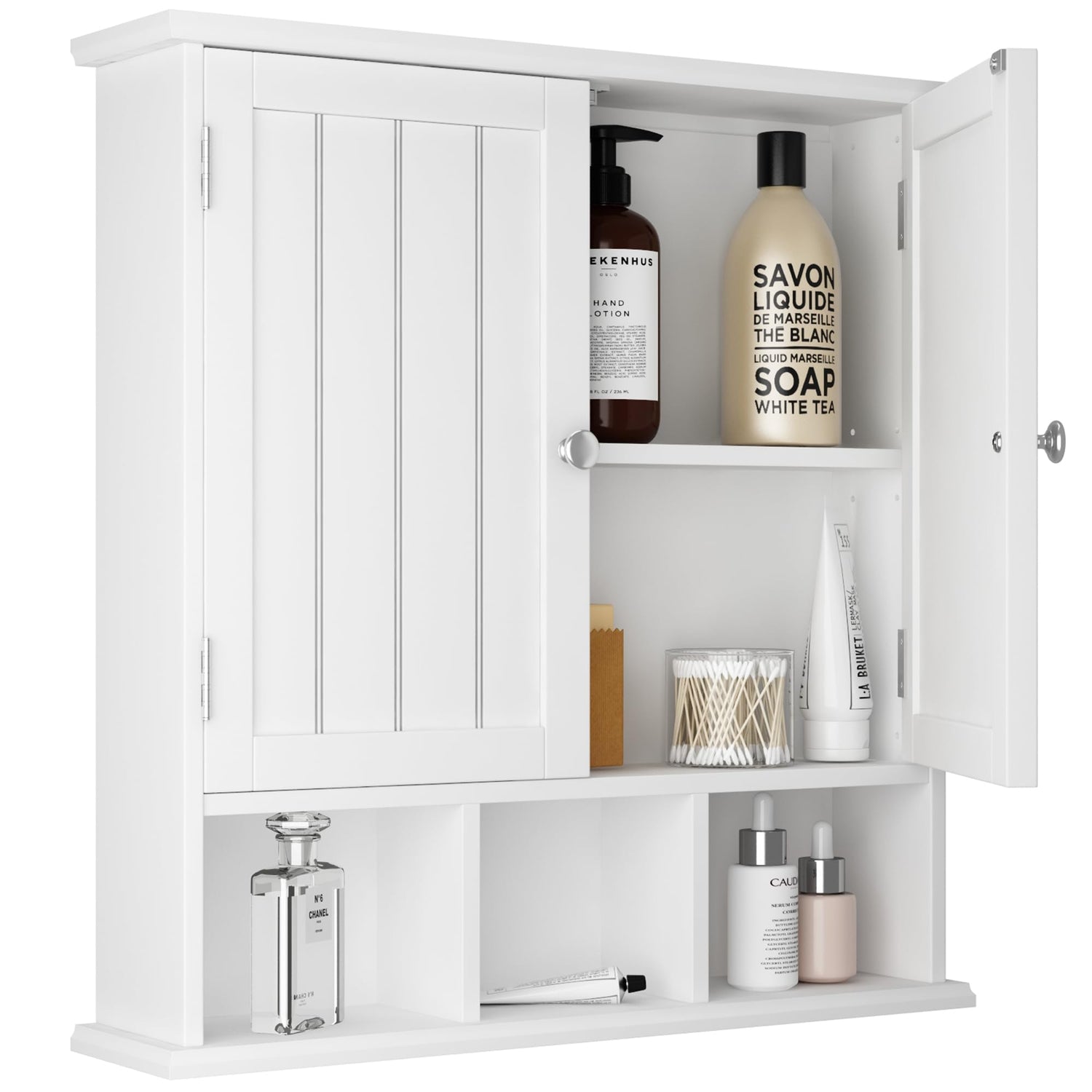 ChooChoo Bathroom Cabinet Wall Mounted 2-Door with 3 Open Shelves, Wooden Medicine Cabinets with Adjustable Shelf, Space Saver Storage Cabinets Over ChooChoo