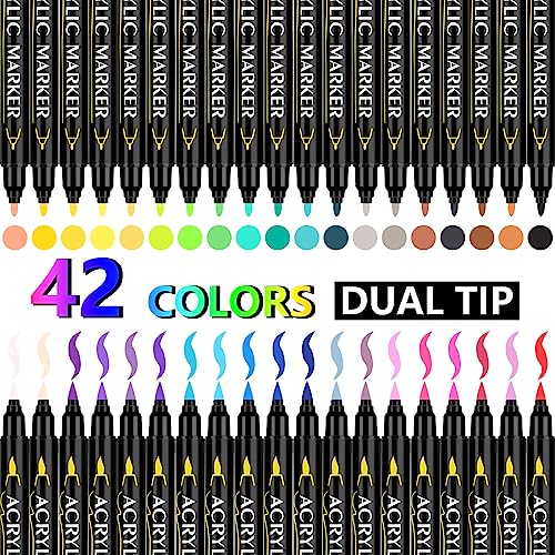 NICETY 42 Colors Dual Tip Acrylic Paint Pens, Acrylic Paint Pens Paint Markers with Brush Tip and Fine Tip for Canvas, Rock Painting, Wood, Stone,