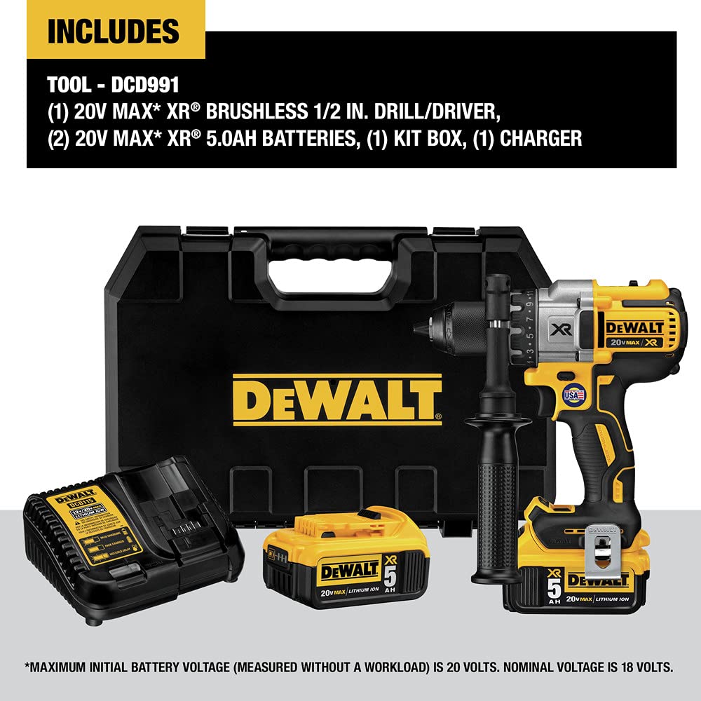 DEWALT 20V MAX XR Brushless Drill/Driver 3-Speed, Premium 5.0Ah Kit, Cordless (DCD991P2) DEWALT