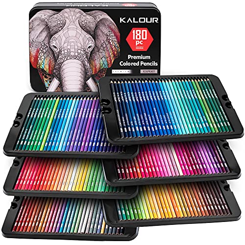 KALOUR 180 Colored Pencil Set for Adults Artists kids- 3.3mm Rich Pigment Soft Core -12 Metallic Pencil - Wax-Based - Ideal for Coloring Drawing - WoodArtSupply