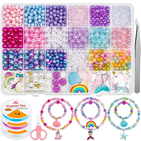 Cludoo 773Pcs Mermaid Charm DIY Beads for Jewelry Making, Unicorn DIY Bracelet Making Bead Kit for Kids Girls with Pearl Starfish Shell, Ocean Pearl Cludoo