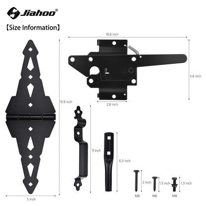 JIAHOO Gate Hardware Kit for Outdoor Fence, Heavy Duty 8" Gate Hinges & Post Gate Latch with Handle for Outdoor Swing Gate, Come with All Necessary - WoodArtSupply