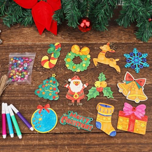 60pcs DIY Wooden Christmas Ornaments, Unfinished Wood Xmas Decorations Paintable Christmas Tree Ornaments for Christmas DIY Crafts PEUTIER