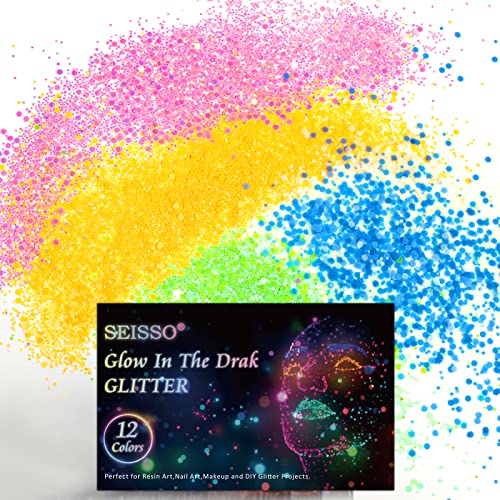 Glow in The Dark Glitter, SEISSO 12 Bottles Luminous Glitter with UV Flashlight Set, 10g/Bottle Chunky Glitter Powder for Resin Arts Crafts, Body SEISSO
