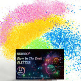 Glow in The Dark Glitter, SEISSO 12 Bottles Luminous Glitter with UV Flashlight Set, 10g/Bottle Chunky Glitter Powder for Resin Arts Crafts, Body SEISSO