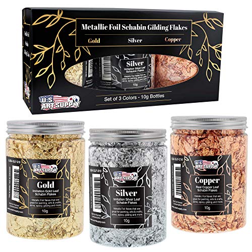 U.S. Art Supply Metallic Foil Schabin Gilding Metal Leaf Flakes 30 Gram Kit - Set of 3 Colors Imitation Gold and Silver, Copper in 10 Gram Bottles - - WoodArtSupply