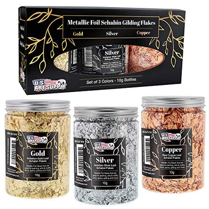 U.S. Art Supply Metallic Foil Schabin Gilding Metal Leaf Flakes 30 Gram Kit - Set of 3 Colors Imitation Gold and Silver, Copper in 10 Gram Bottles - - WoodArtSupply