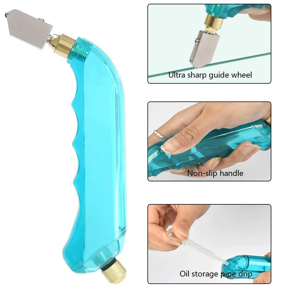 YOTINO Glass Cutting Tool Kit Includes Blue Grip Oil Feed Glass Cutter with 2 pliers, 3 Extra Replacement Head, Tungsten Scribe Engraving Pen, YOTINO